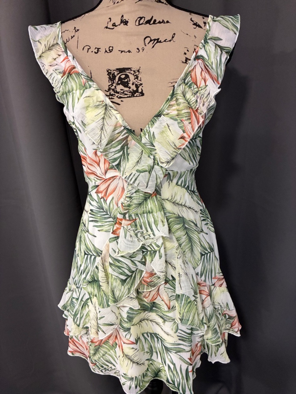Revamped White Tropical Print Mini Dress with Green and Orange Accents